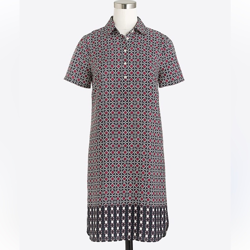 J Crew Printed Shirtdress Short-Sleeve Sz 14 Dark Wine Amber Blue Red White NWT‎